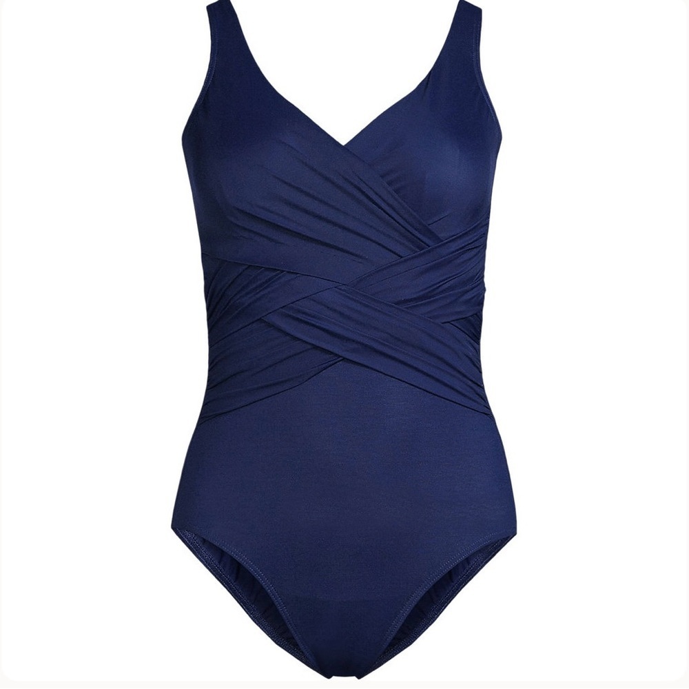 NWT Lands End Womens Slender Suit Wrap One Piece Swimsuit Deep Sea Navy size 8